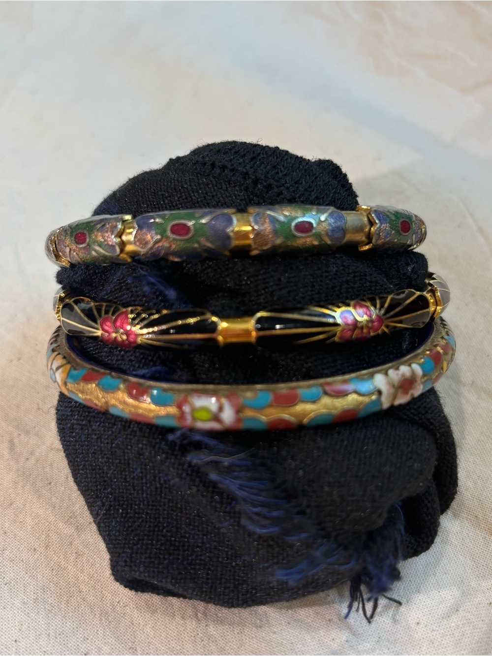 Vintage Cloisonné Floral Bangle Bracelet Set - Multicolor